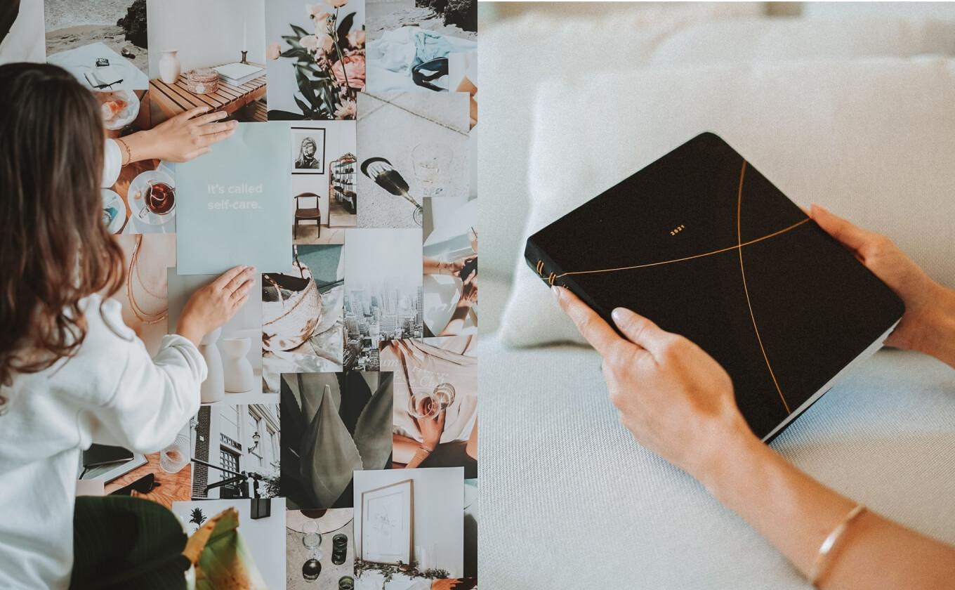 Woman adding to wall of various self care images next to image of woman holding Stil's planner in black